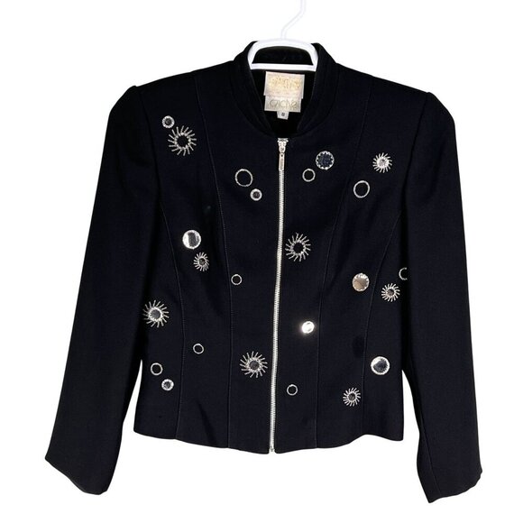 Alberto Makali Caché 8 / M Black Evening Blazer Silver Sunburst Star Embroidery - Picture 4 of 13